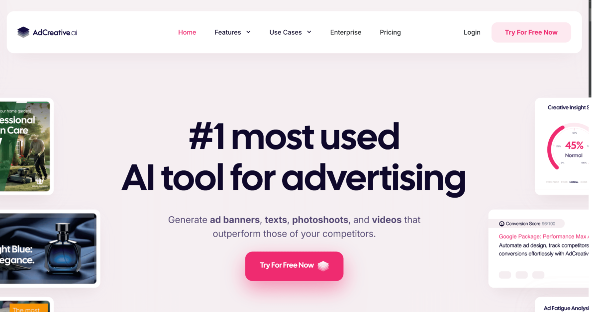 AdCreative.ai homepage with AI ad creation and optimization features