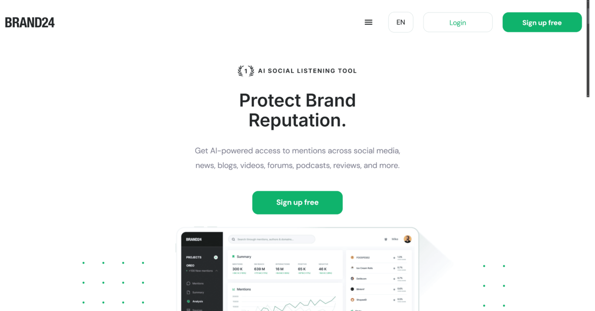 Brand24 homepage with social media monitoring and reputation management