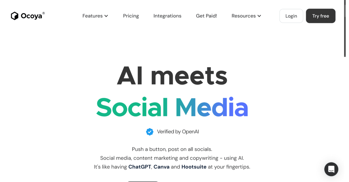 Ocoya homepage showing AI content creation and social media management tools