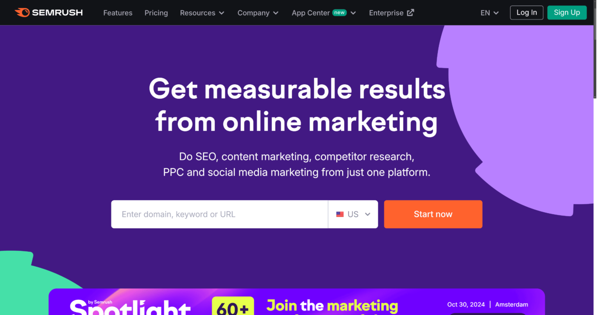 SEMrush homepage featuring SEO and digital marketing tools